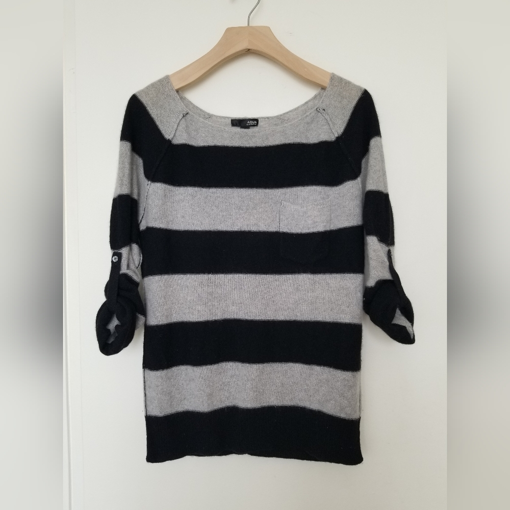 Aqua 100% Cashmere Gray Black Striped Sweater Cozy Pullover Sz S